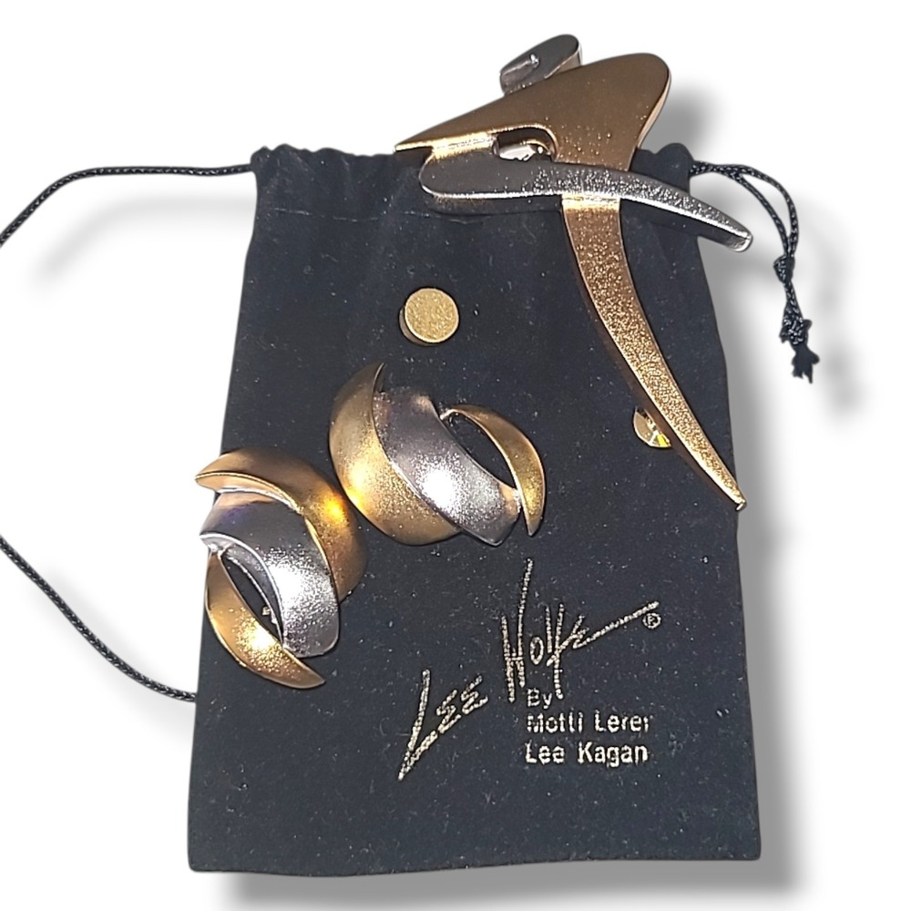 Vintage Lee Wolfe 1993 Modernist‎ Brooch Pin Clip Earrings Signed Two Tone Set